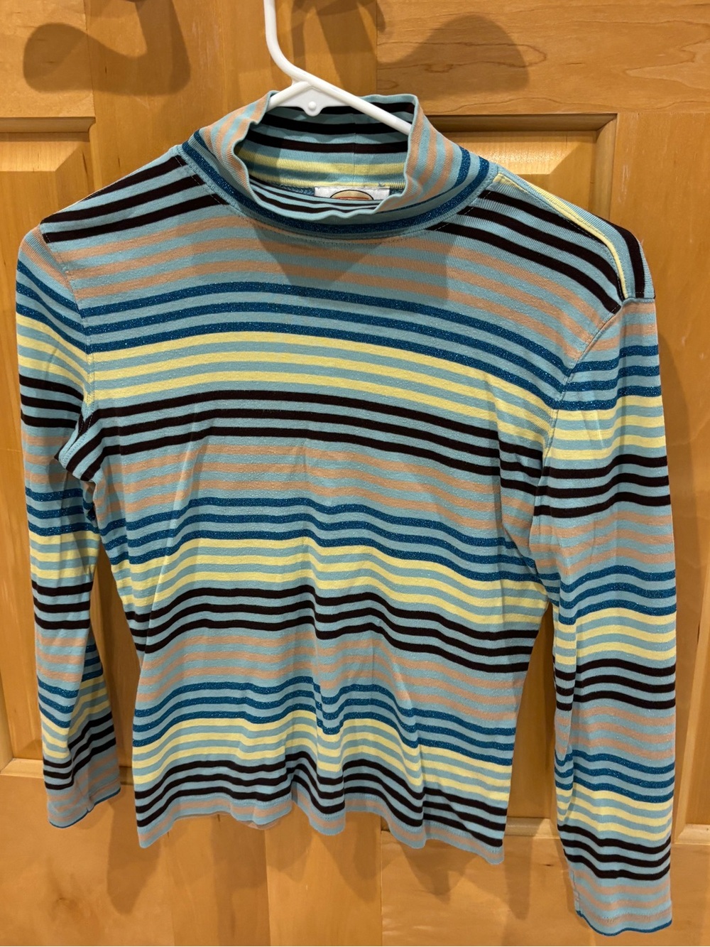 Talbots petite Striped Turtleneck Sweater in glitter Blue, Yellow, brown & Tan